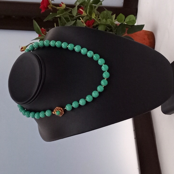 VINTAGE Miriam Haskell Turquoise Green Peking Glass Bead Choker Necklace